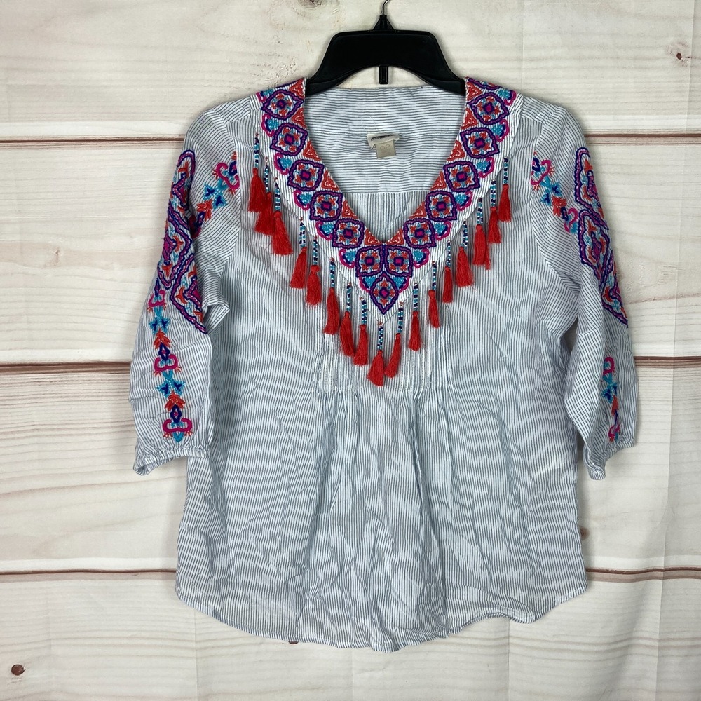 Chicos Top Womens 0P 4P V-Neck Stripe Blouse Embroidered Tassels Pullover Cotton